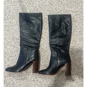 Land's End Stanton High Heeled Knee High Tall Leather Pull On Boots Black Size 9